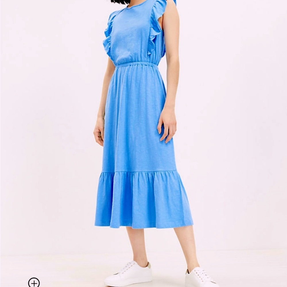 LOFT Women’s Ruffle Tiered Cap Sleeve Midi Dress size Large Summer Lake Blue